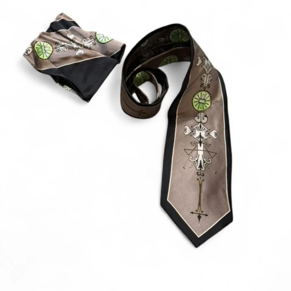 Vintage 80s/90s Franco Di Napoli Geometric Art Deco Silk Tie & Pocket Square Set